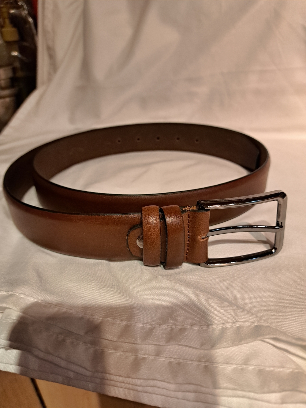Classic Brown Leather Men’s Belt with Silver Buckle